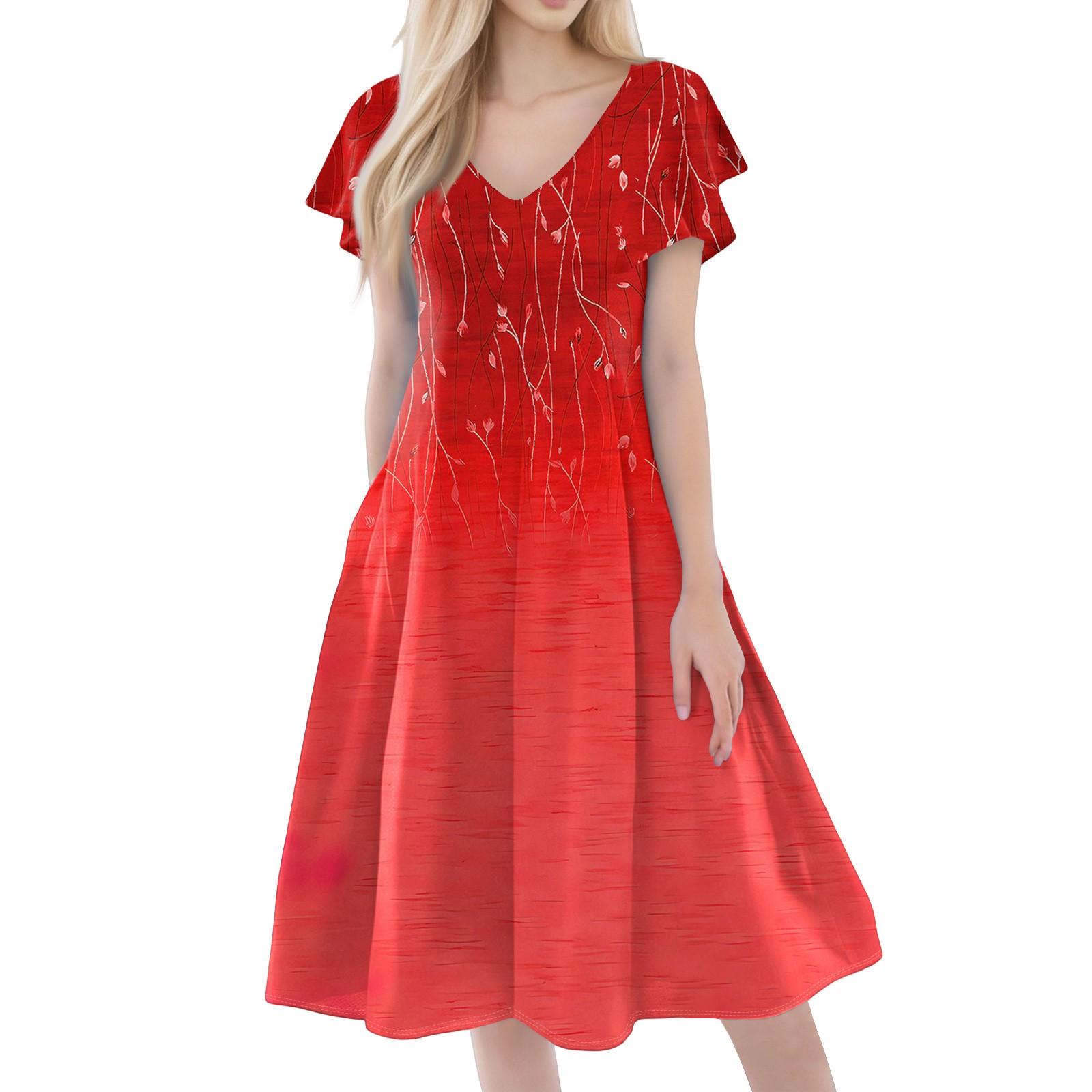 

Женское повседневное модное платье с V-образным вырезом, короткими рукавами, принтом и карманами XL красный
