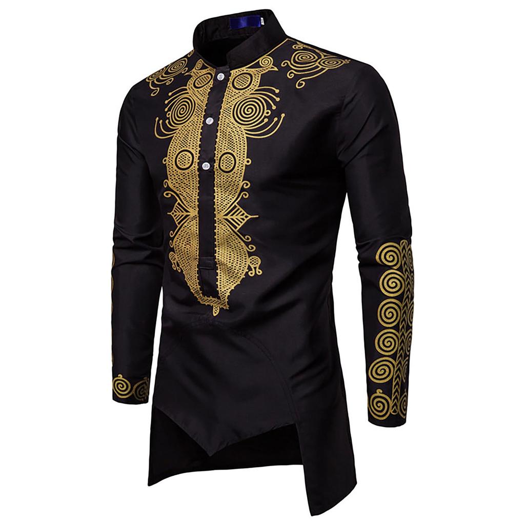 Men's Loose Casual  Shirt Ethnic Style Printing Robe Long Sleeved Shirt Top
