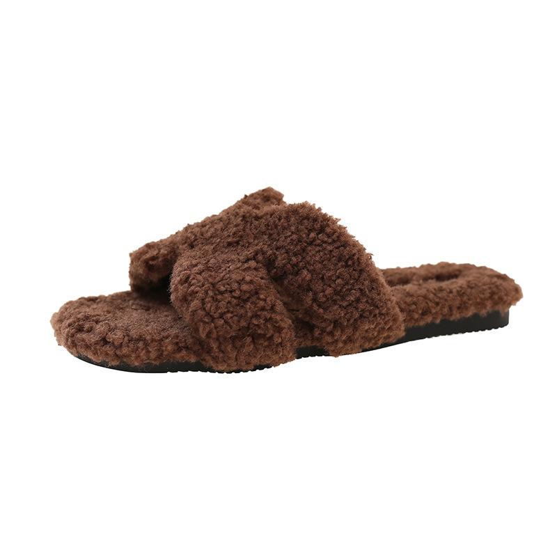 Large Size Women's Shoes 41-43 Fat Feet Small Fragrant Flat-bottomed Fluffy Slippers Women's Autumn and Winter Wear Comfortable Soft Sole One-word Cot