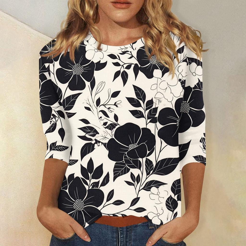 Women's Casual Loose Printed Round Neck Top With Three Quarter Sleeves T Shirt Top