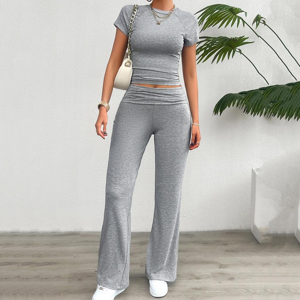 Summer Round Neck Casual Solid Color Slim Short-sleeved Trousers Suit