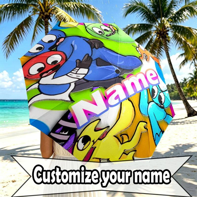 Custom Name Personalized Game Rainbow Friends Print Umbrella, Auto Open Close, 8‑Rib Sturdy Frame, Commute Camping Hiking Use, Birthday Gift