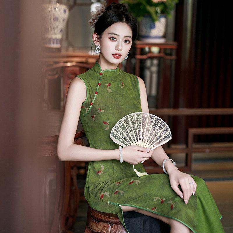 Yeşil kolsuz milli tarz yeni Çin Suzhou uzun cheongsam geliştirilmiş genç kadınlar için yüksek kaliteli yazlık günlük giyilebilir