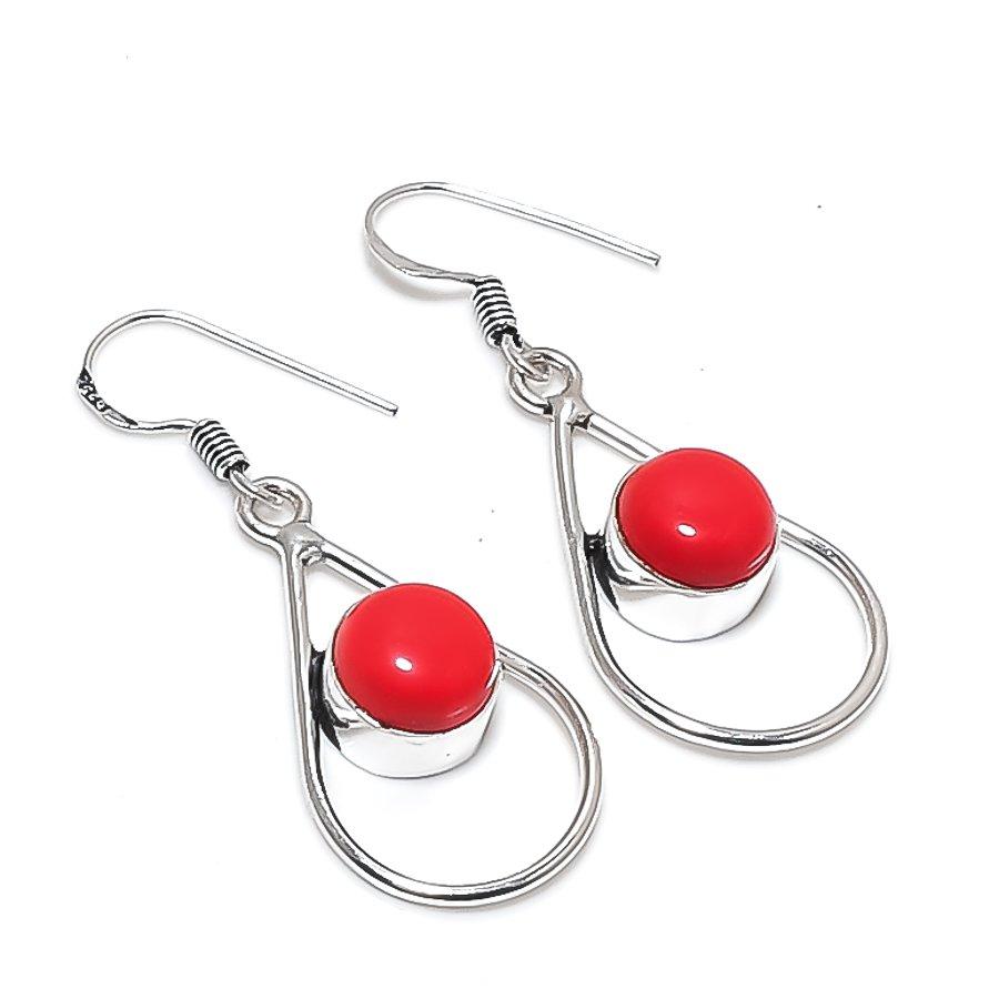 Italian Red Coral Gemstone 925 Sterling Silver Jewelry Earring 1.85" KJ-763