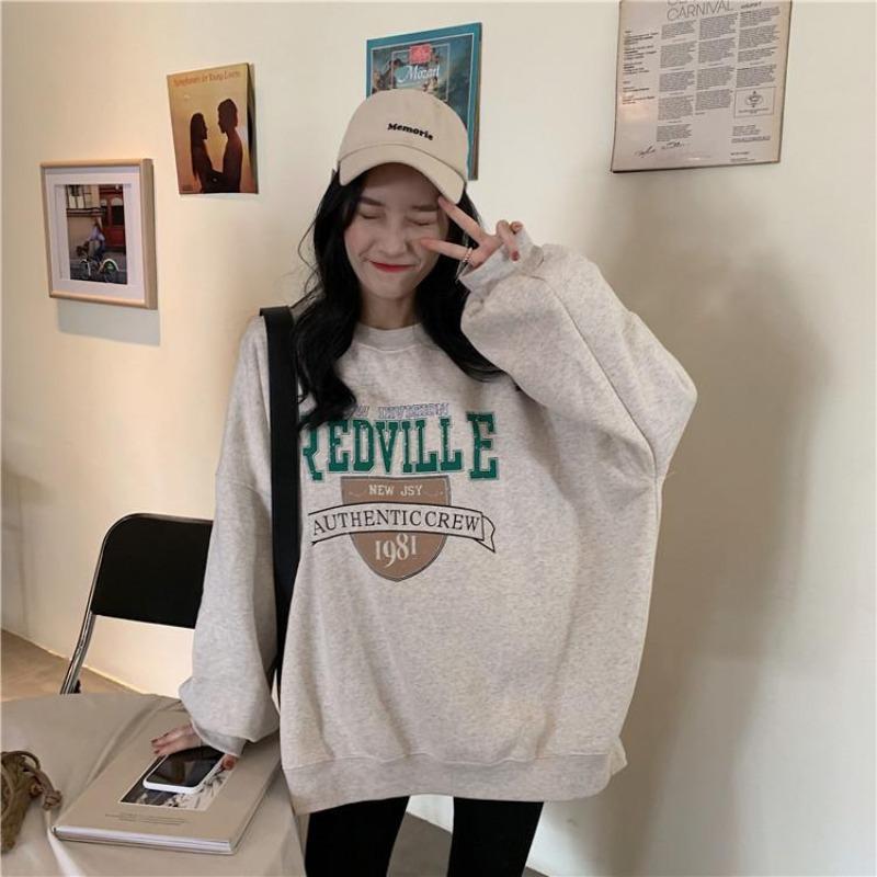 Women Long Sleeve O Neck Loose Pullovers Female Tops Solid Color Sweatshirts