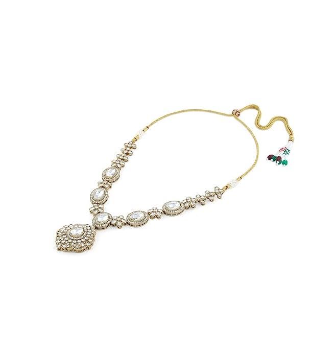 Antique Gold Tone Dazzling Stones Necklace Earring & Maangtikka Set For Women