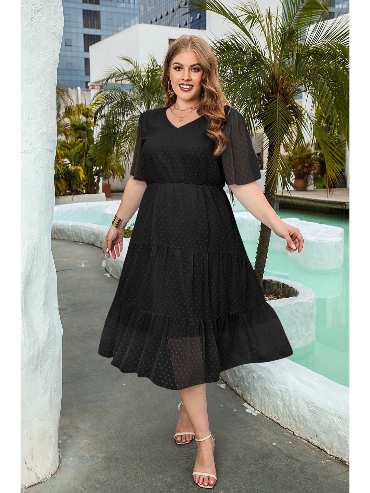 

2024 летнее шифоновое платье женское плюс размер отпуск элегантное платье миди с короткими рукавами однотонное повседневное черное платье Vestidos Mujer Verano XL чёрный