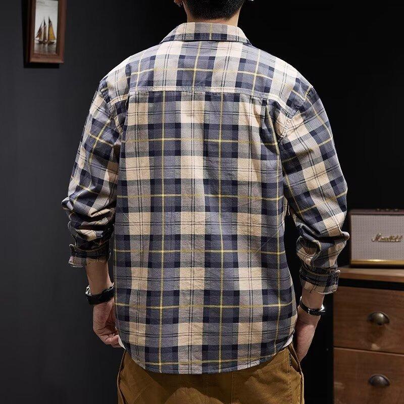 Męska jesienna amerykańska koszula retro z klapami męska kurtka w kratę na każdy mecz koszula z długim rękawem