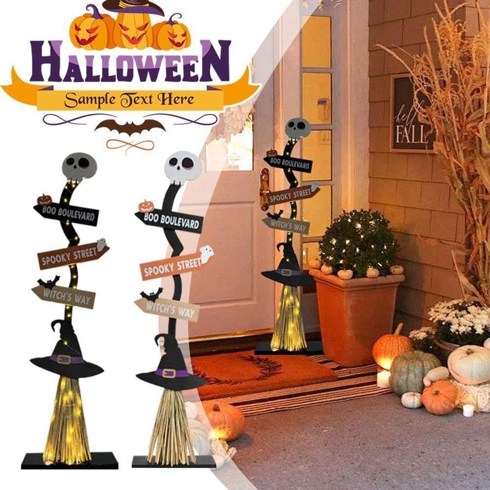 Spooky Design Wooden Witch Broom with Base Halloween Broomstick Ornament  Yard Ornament
