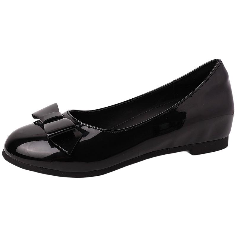 Summer Bow Commuter Leather Shoes Work Round Head Shallow Mouth Single Shoes Women's Fashion Patent Leather Wedge Soft-soled Shoes