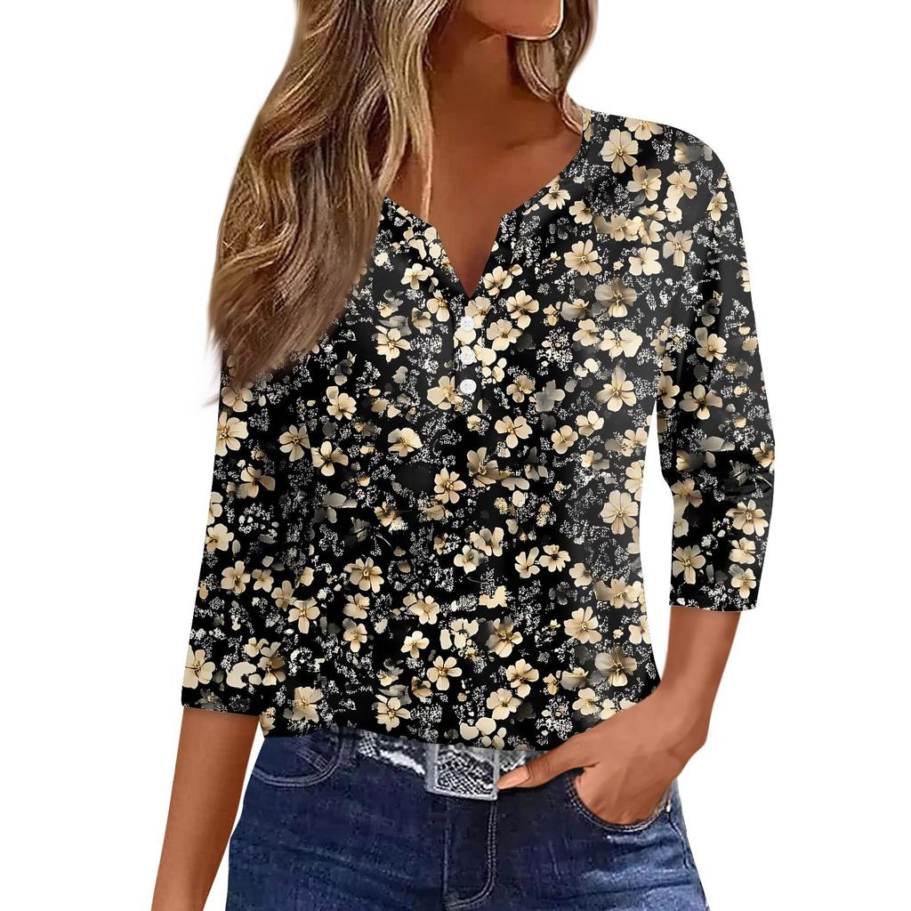 Women's T Shirt Print Button 3/4 Sleeve Daily Weekend Fashion Basic V- Neck Regular Top
