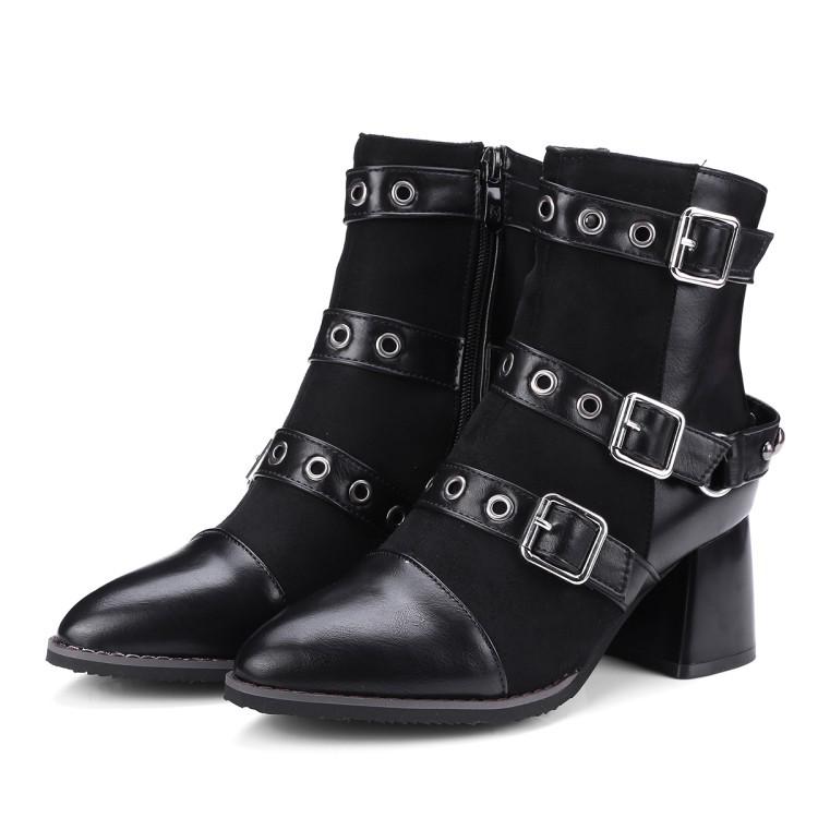 Autumn and Winter Small Pointed Head with Belt Buckle Simple Hollow Rivet Medium Heel Thick Heel Square Root