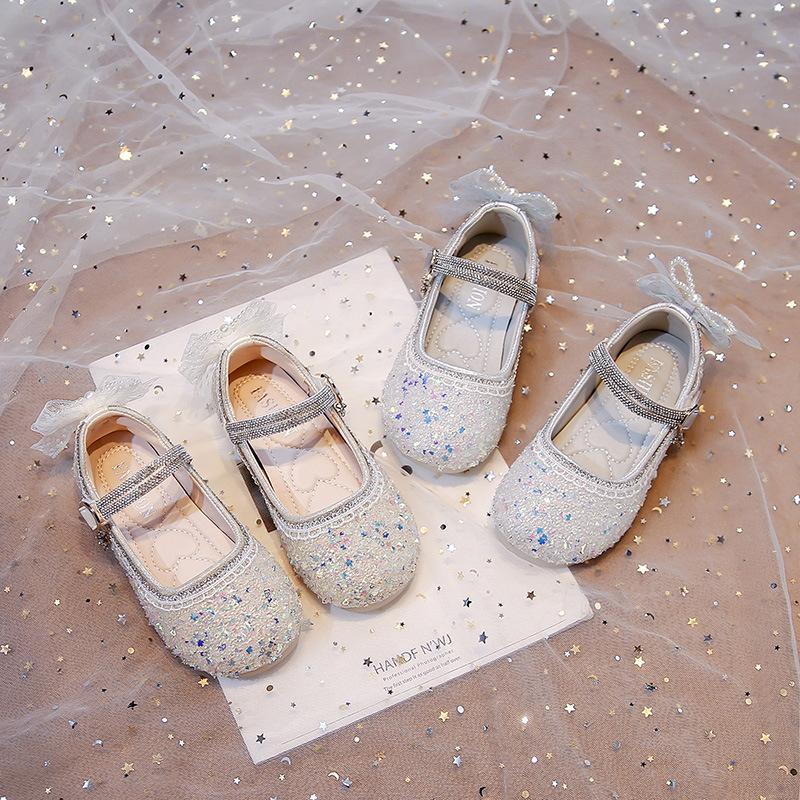 Girls' Rhinestone Sequin Crystal Princess Shoes2026Spring and Autumn Soft Sole Non-Slip Bowknot Solid Color Children's Performance Shoes