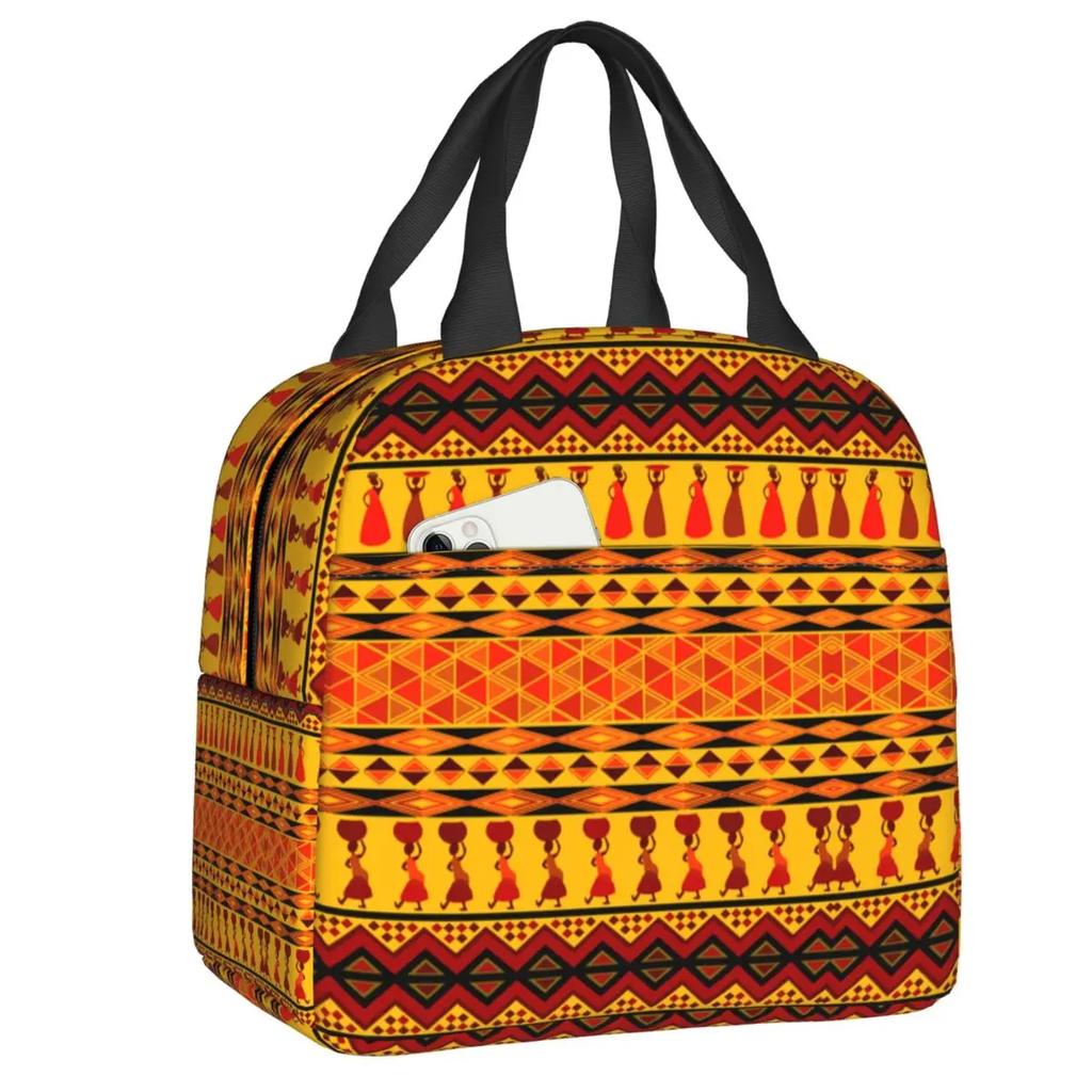 African Elements Pattern Insulated Lunch Tote Bag for Women Africa Ethnic Culture Cooler Thermal Bento Box Work School Travel