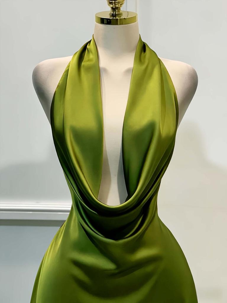 Women's Solid Satin Fitted Dress - Open Back, Back Zipper, Vacation Party Style, 145g Standard Size