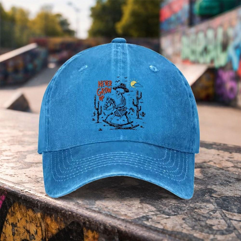 Never Grow Up Cowboy Graphic Washed Baseball Cap Distressed Cotton Snapback Hat for Unisex