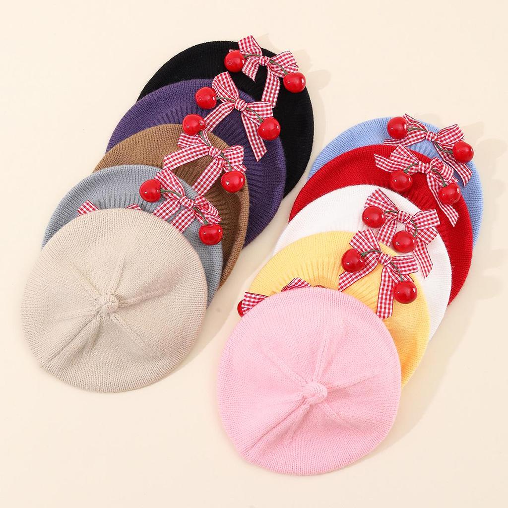 Charming Woolen Beret with Bow & Cherry for Kids - Autumn & Winter Solid Color Hat