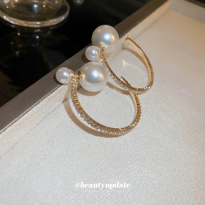 Silver Needle Geometric Pearl Diamond Earrings French ins Fashion Atmospheric Earrings Earrings Internet celebrity temperament earrings