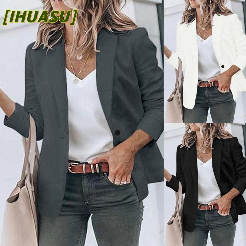 IHUASU Women's Vintage Casual Solid Color Print Long Sleeve POLO Neck Jackets & Coats International design