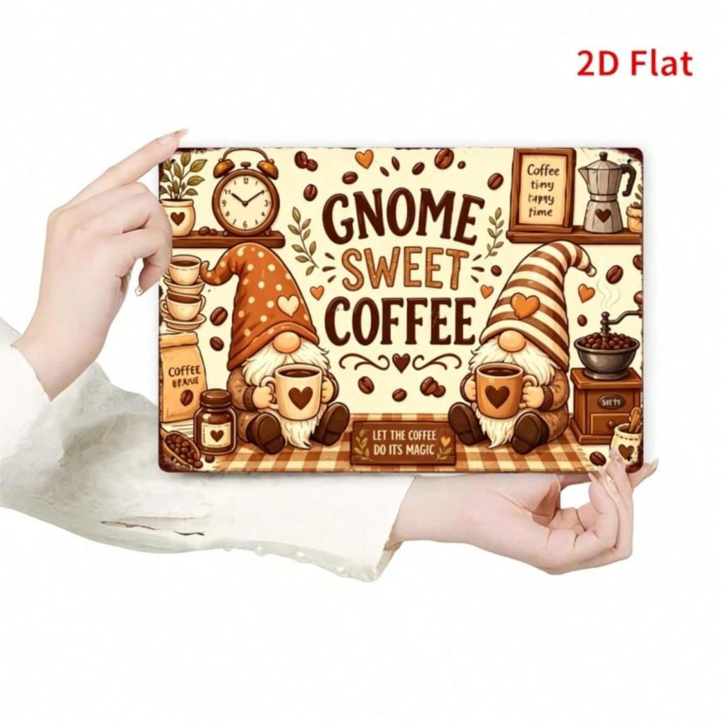 Vintage Gnome Coffee Tin Sign, Checkered Bar Kitchen Wall Art, Retro Farmhouse Decor, 7.87x11.81 In