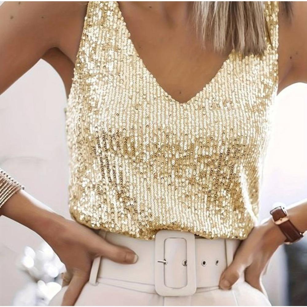 Women's V Neck Sleeveless Sequin Tank Top Straight Fit Elegant Party Cami Top