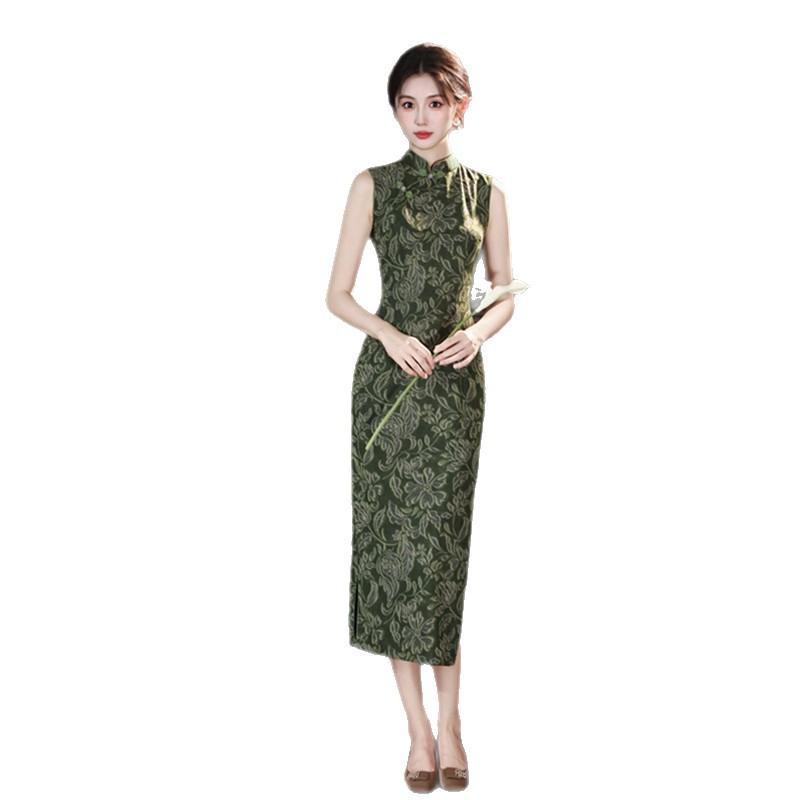 Green new Chinese Hong Kong style sleeveless long cheongsam 1011 summer new slim and thin daily wear dress