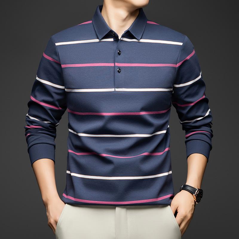 Trendy Striped Loose Fit POLOLong Sleeve Men st Autumn Lapel Collar Versatile Top M