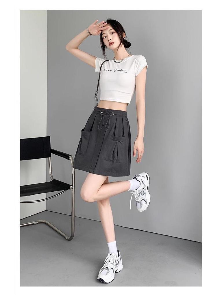 Gray Women's A-Line Midi Skirt with Elastic Drawstring Waist - Summer 2025 Anti-Exposure Workwear Style