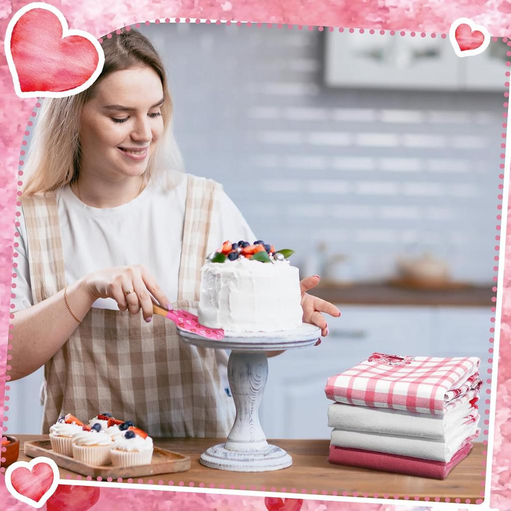 9 Pcs Pink Valentine's Day Kitchen Accessories Decor 6 Kitchen Towels 3 Heart Silicone Spatulas with Wooden Handles Pink Heart Gnome Bicycle Truck