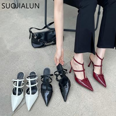 Moda SUOJIALUN 2025 Primavera Nueva Sandalia de Mujer con Punta Fina Correa en el Tobillo Tacón Alto Fino Elegantes Zapatos de Salón Slingback para Mujer