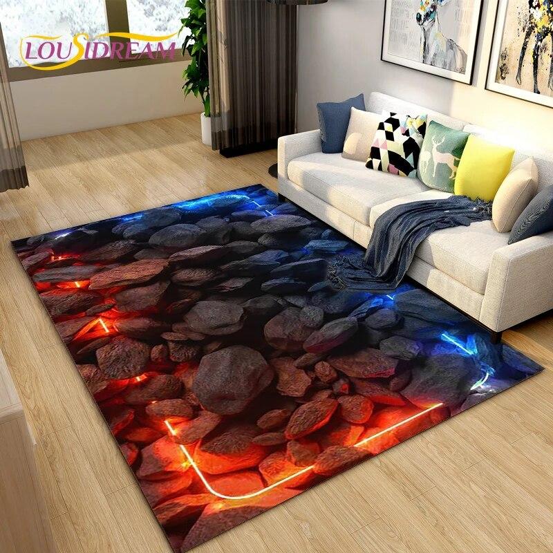 3D Charcoal Volcanic Rock Flame Stone Area Rug,Carpet Rug for Living Room Bedroom Sofa Decoration,Kitchen Non-slip Floor Mat