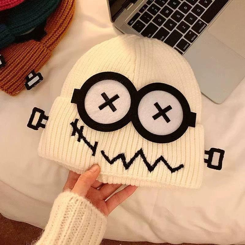 

Autumn and Winter Wacky Cute Cartoon Big Eyes Pattern Knitted Mao Line Hat men Women Candy Color Keep Warm Ear Protection Knitted Hat белый