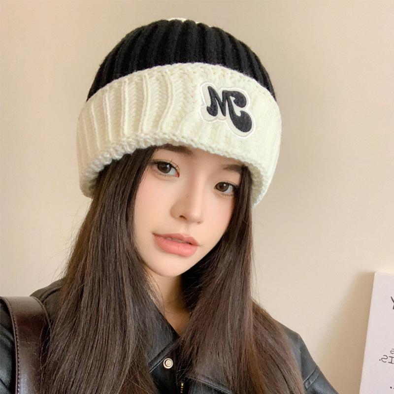 Autumn and winter double-spell wool hat, piled and thickened labeling, cute air-cooled hat, outdoor cold-proof and warm personalized knitted hat