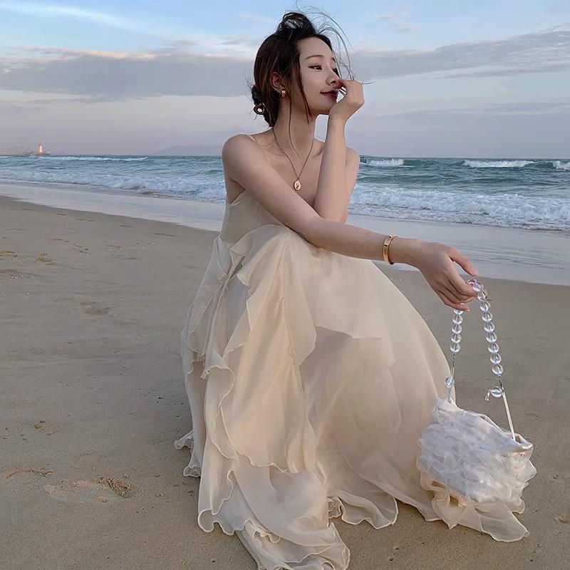 Summer Vacation Suspender Ruffle Dress Slim Yunnan Travel Mori Fairy Skirt Sanya Beach Skirt