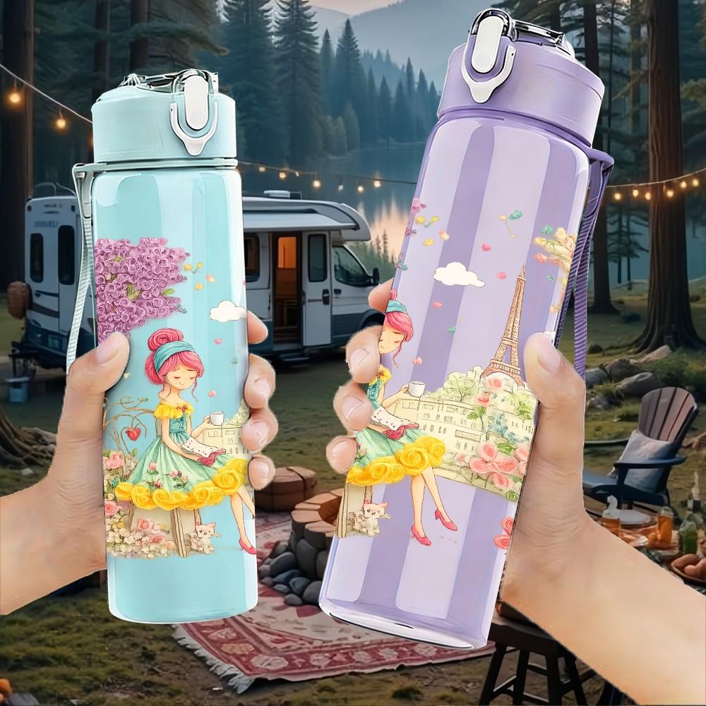 1PC Little Girl In Flower Field Scene Print 750ml Color Plastic Sports Water Bottle Leakproof Flip Straw Lid Suitable for Sports Office Home Use
