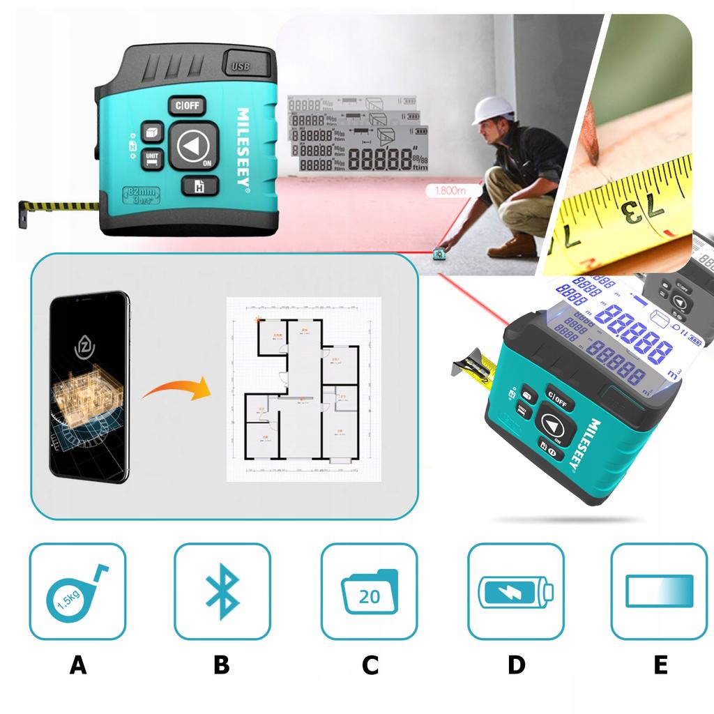 LASER RANGE METER PHONE APP 40m BT LCD MEASURING MEASUREMENT 5m USB MEASUREMENT FUNCTIONS
