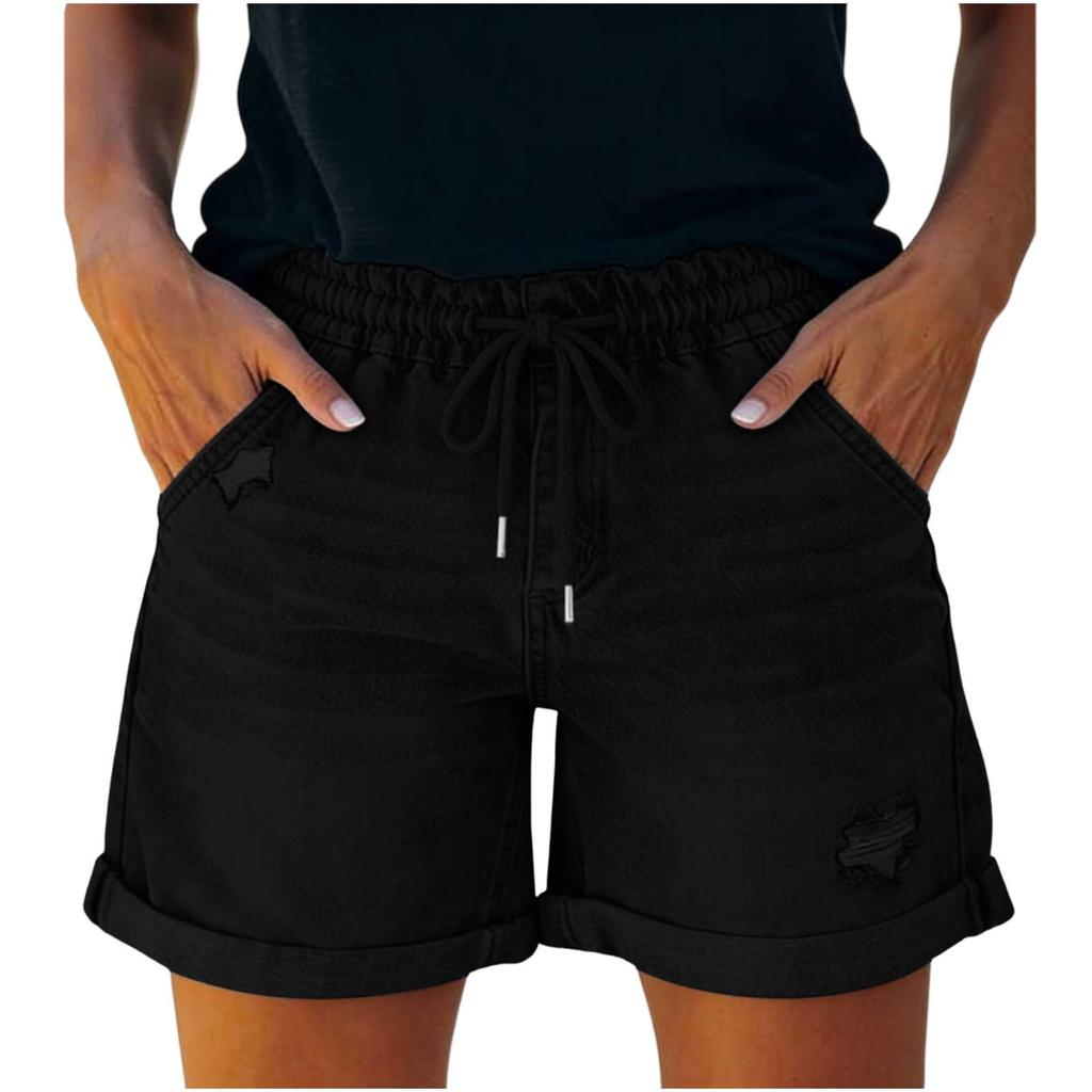 Women Summer Casual Denim Shorts Drawstring Waist Distressed Hem Loose Fit Elastic Waistband Pockets Lightweight Short Pants