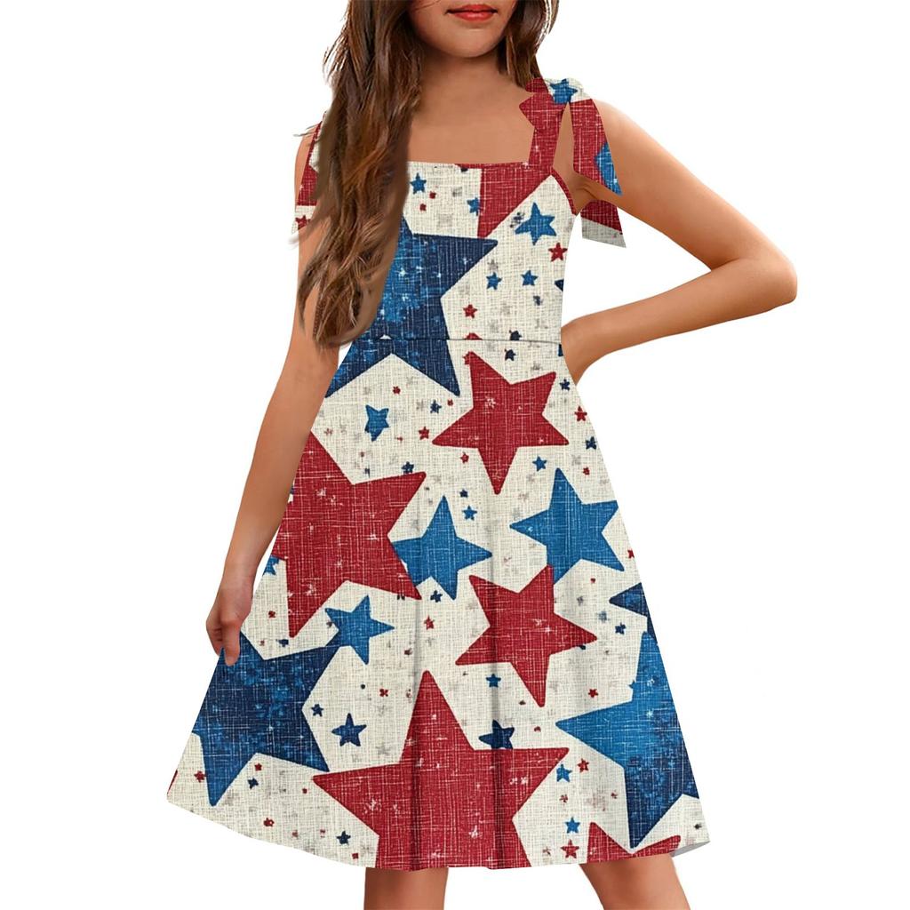 Children's Jumpsuit Cuffless Pocket Square Neck Casual Independence Day Print Dress