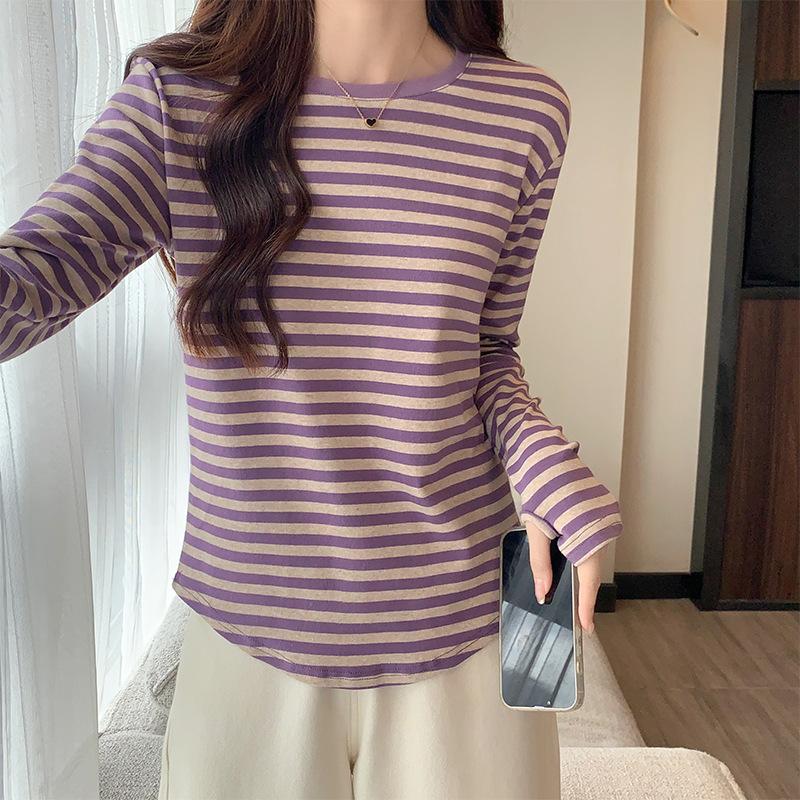 Retro Striped Base Shirt for Women In Autumn and Winter Design Ripped Long Sleeve Irregular T-shirt Slim and Slim Niche Top