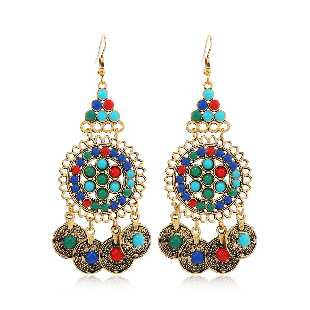 Bohemian Ethnic Indian Head Jewelry Retro Alloy Hollowed Out Colored Acrylic Coin Tassel Head Chain For Women Bridal Headdress