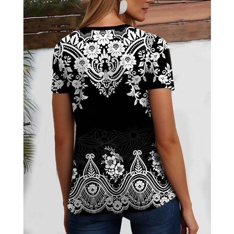 Women's T Shirt Print Graphic Geometric Paisley Bohemia Vintage Stylish Short Sleeve V Neck Regular Tops