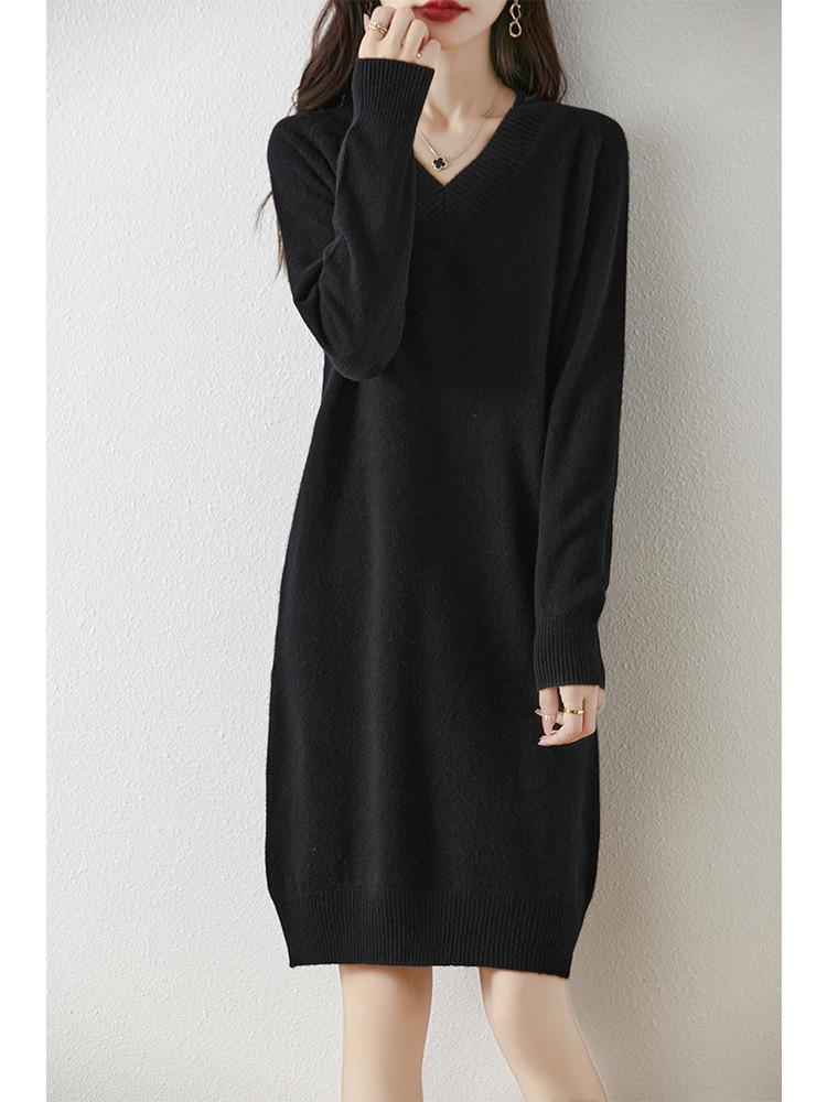 Women's V-Neck Mid-Length Cashmere Knit Dress - Loose Sheath Pullover, 100% Pure Cashmere