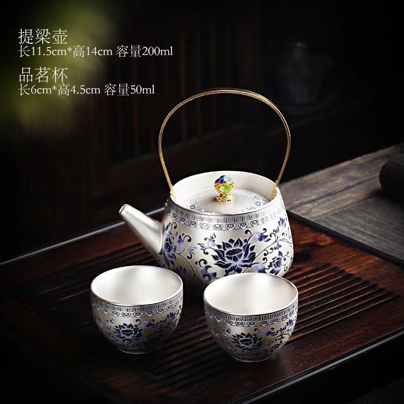 

Полный серебристо-сине-белый витой лотосовый горшок-светильник, Набор из одного горшка и двух чашек для чая, Удобен для домашнего использования, Новый чайник, Чайник one pot two cups hook vine