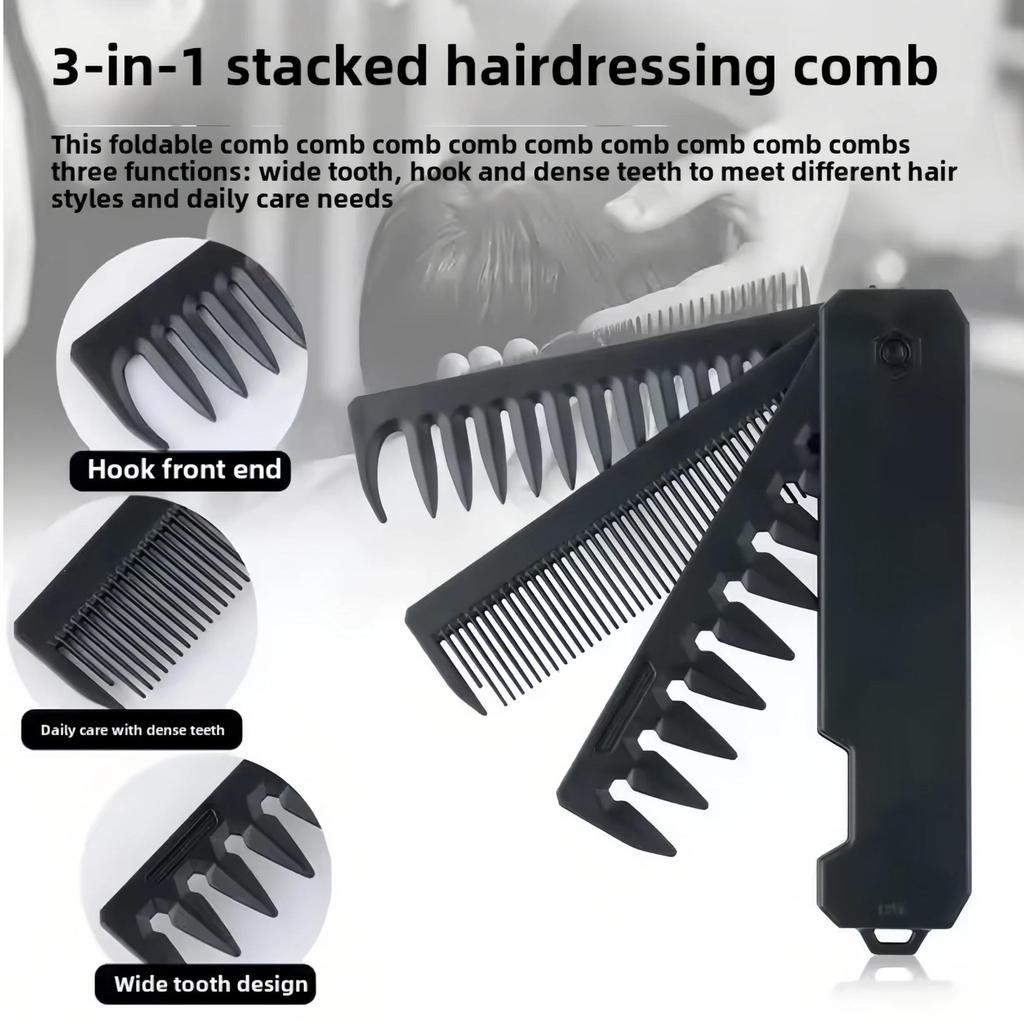 Professional 3 In 1 Pocket Folding Combs Wide Tooth Oil Head Comb Beard Combing Barber Hair Clipper Comb Salon Hair Styling Tool Double-sided Comb