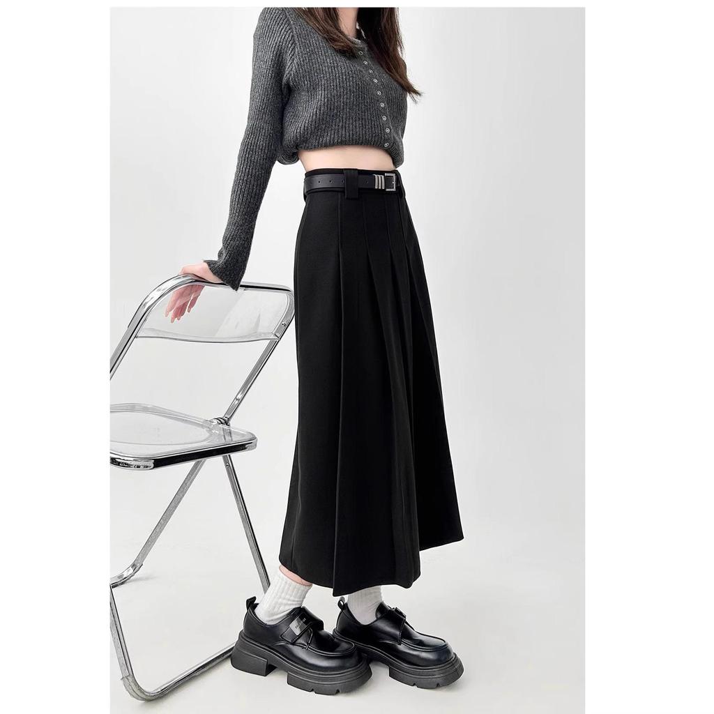 Women's Plus Size High Waist A-Line Woolen Pleated Skirt for Pear Shape, Mid-Length, Slimming Hips Cover