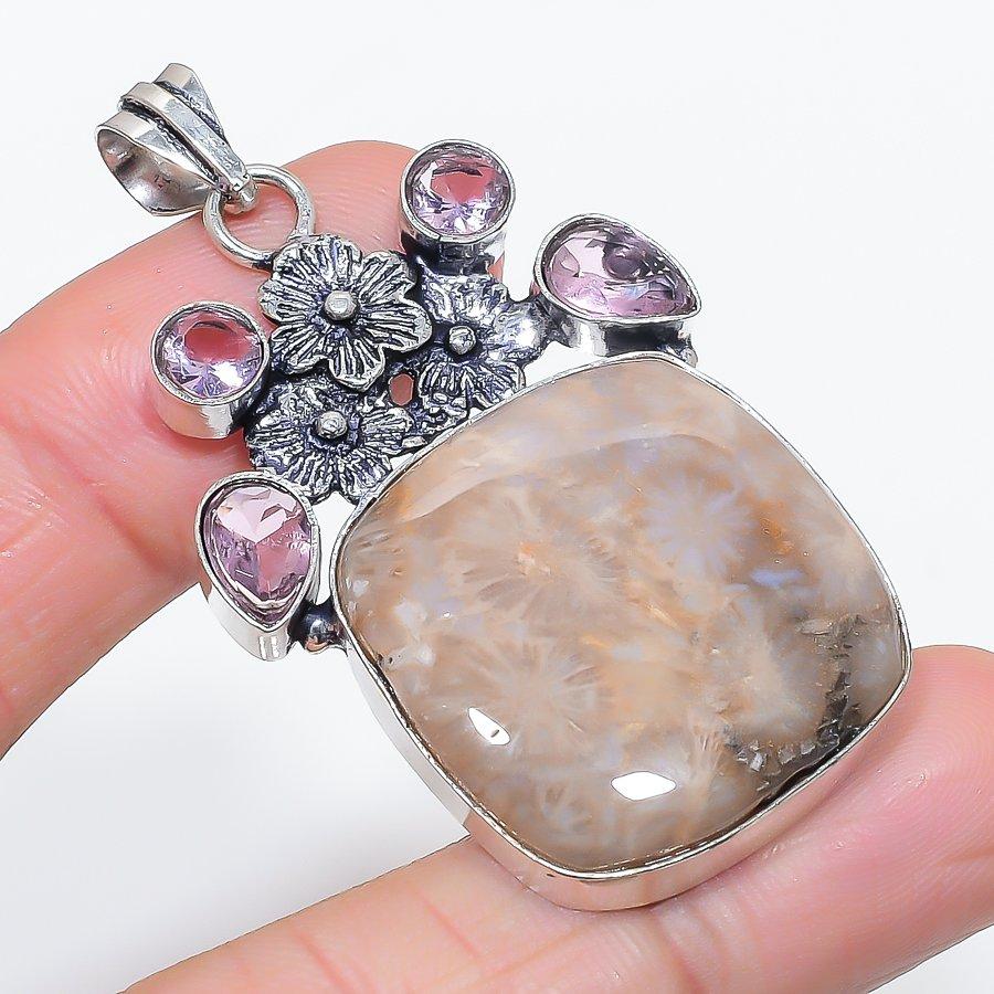 

Натуральный ископаемый коралл, кунцит, ювелирная подвеска из стерлингового серебра 925 пробы 2,29 k5o53