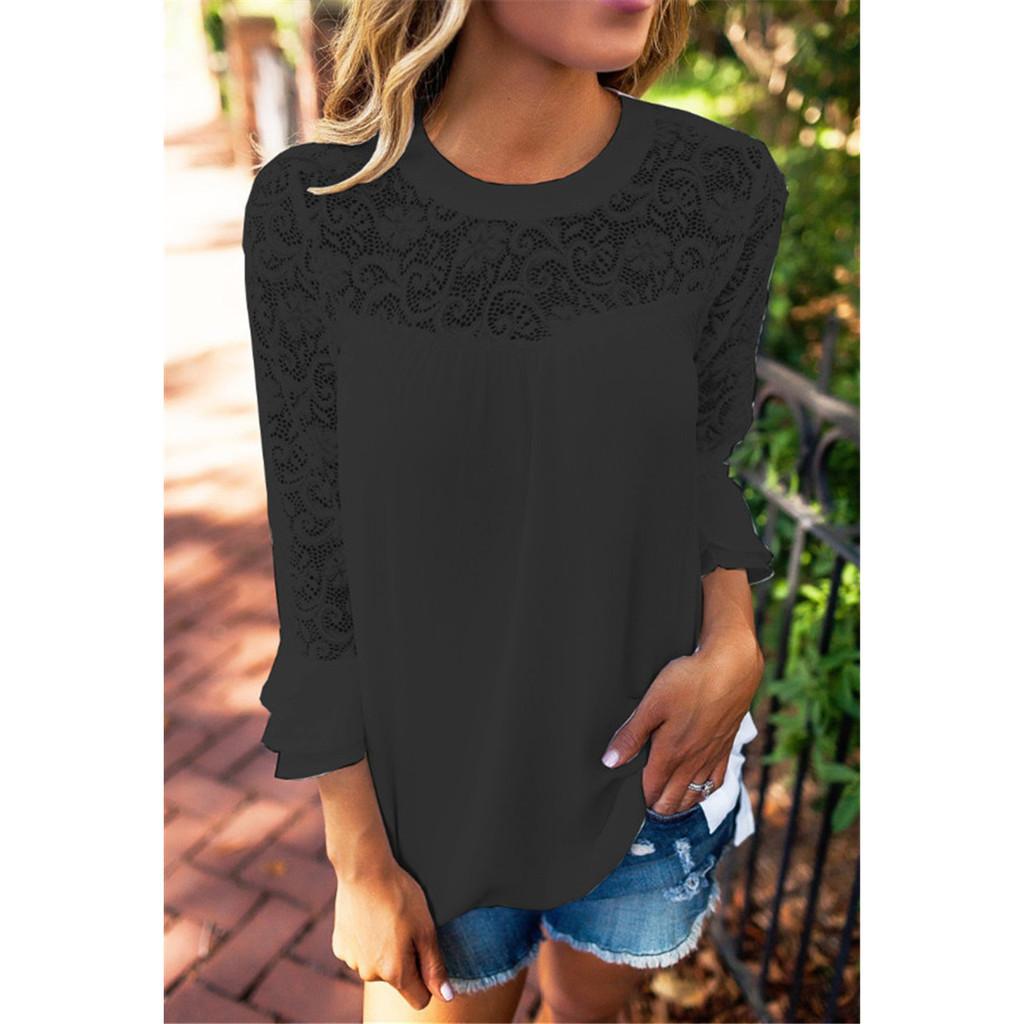 Elegant Chiffon Lace Blouse Loose Fit Pullover Long Sleeve T-shirt For Women