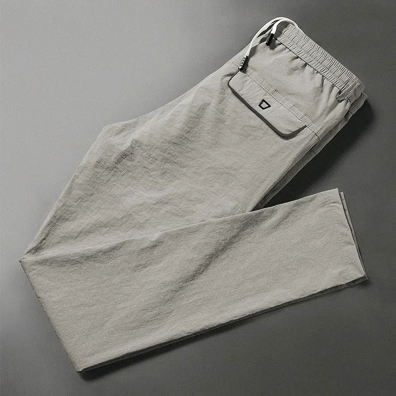 New Summer Thin Ice Quick Drying Straight Tube Loose Fitting Casual High Waisted Lace Up Pocket Men's Sports Pants