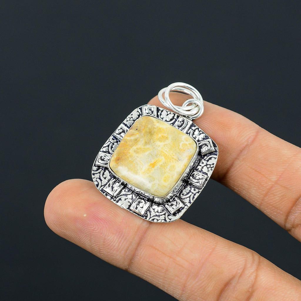 Easter Deal 925 Silver Fossil Coral Gemstone Sister Handcrafted Ethnic Pendant