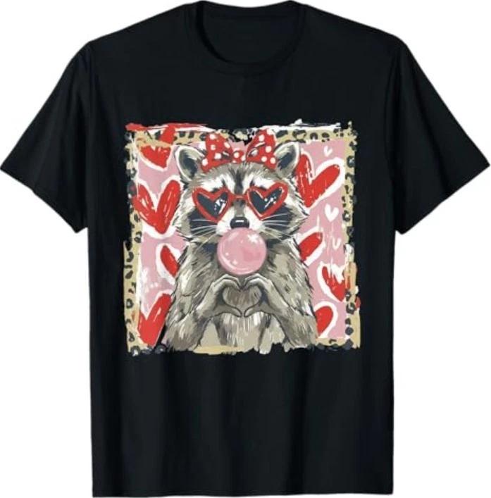 Vintage Leopard Funny Valentine Raccoon Lover Heart XOXO T-Shirt L